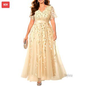 Plus Size Formal Sequin Embroidery V-Neck Long Prom Dress Evening Gown